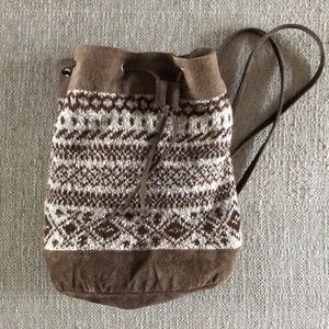 Brown and Cream Knit Pina and Suede Bucket Bag